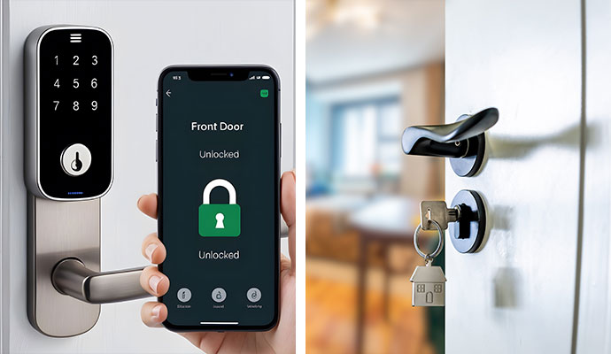 Collage of smart keypad lock and traditional key entry