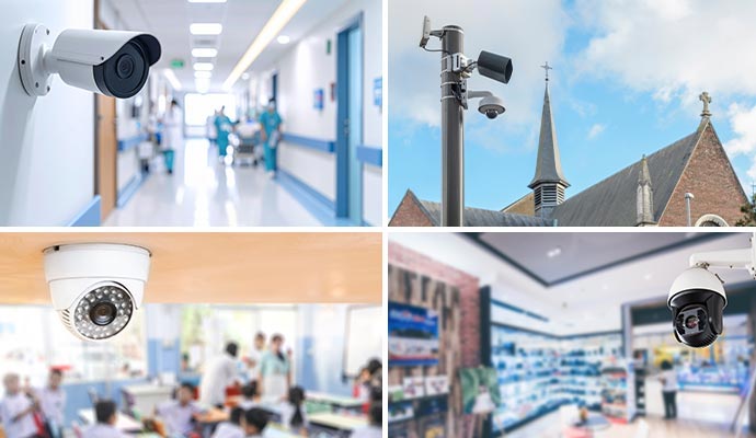 Collage of installed security cameras in different industries