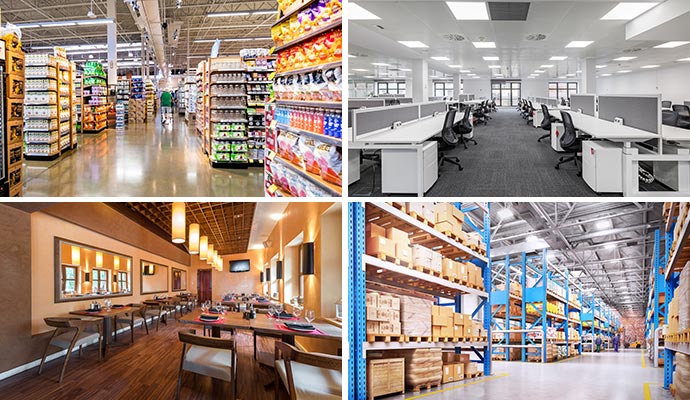 Collage of retail store, a restaurant, a warehouse and an office space