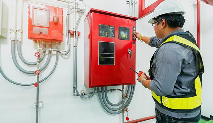 Professional worker monitoring a fire alarm system
