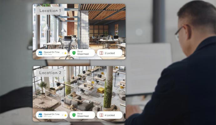 A person using a mobile app to monitor real-time security camera feeds.