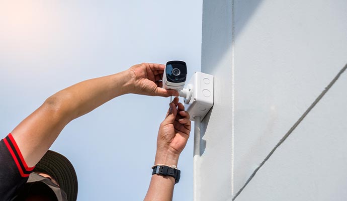Person installing a cloud-based video surveillance camera Person installing a cloud-based video surveillance camera