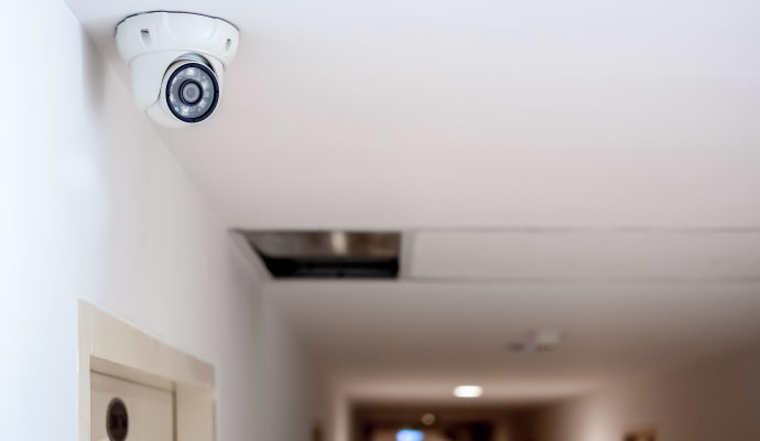 Ceiling-mounted security camera installed in an indoor hallway
