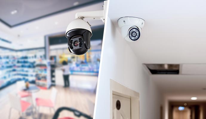 Collage of indoor security cameras in commercial and residential areas