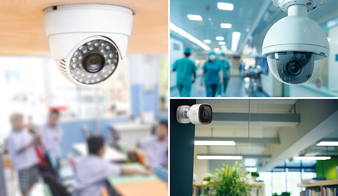 Collage of installed cameras in school hospital and library