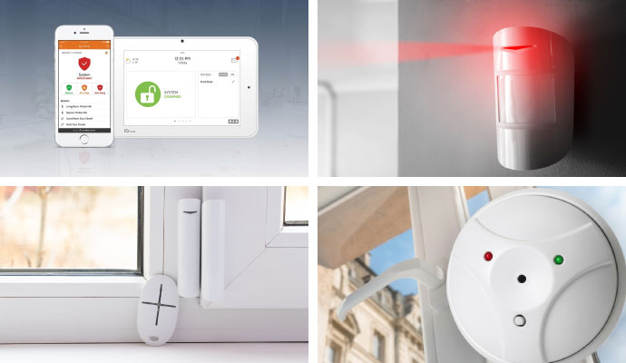 Collage of interactive panel, motion sensor, door sensor and glass break detector