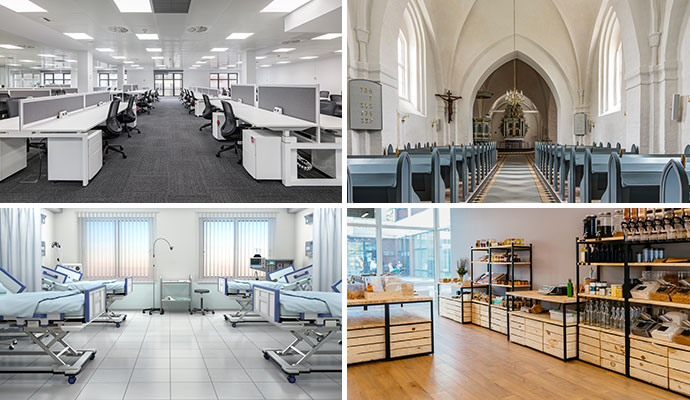 Collage of office interior, church, healthcare facility and retail store.
