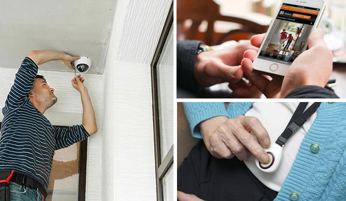 Collage of security camera installation, self-monitored home security system and medical alert system