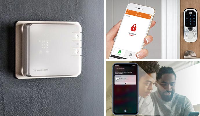 Collage of smart thermostat, door lock, and voice control Collage of smart thermostat, door lock, and voice control