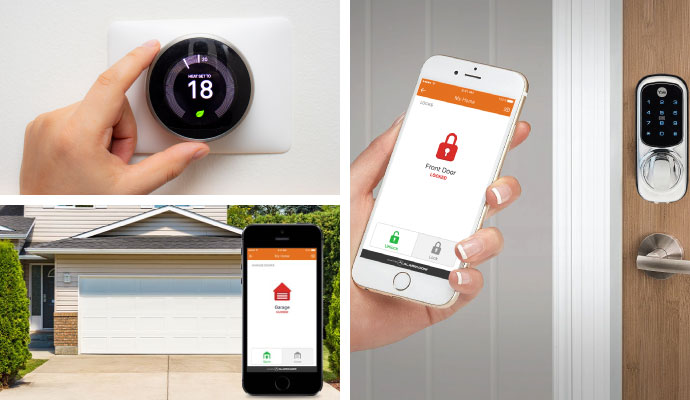 Collage of smart thermostats, smart lock and garage door opener