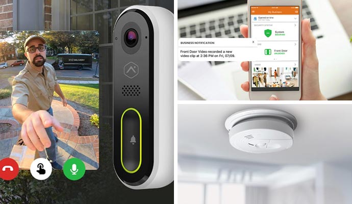 Collage of video door bell, smart notification system and CO detector