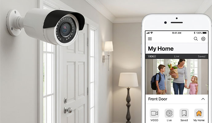 Home security camera installed indoors with mobile app displaying live front door monitoring