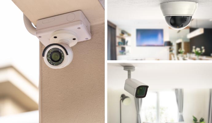 Collage of dome camera indoor camera and outdoor camera