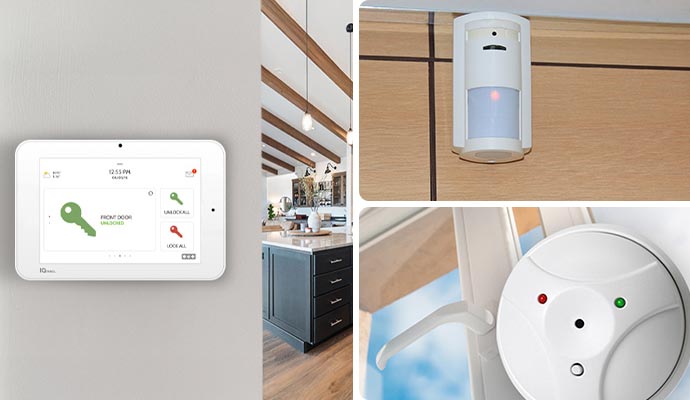 Collage of interactive panel, motion sensor, and window break detector