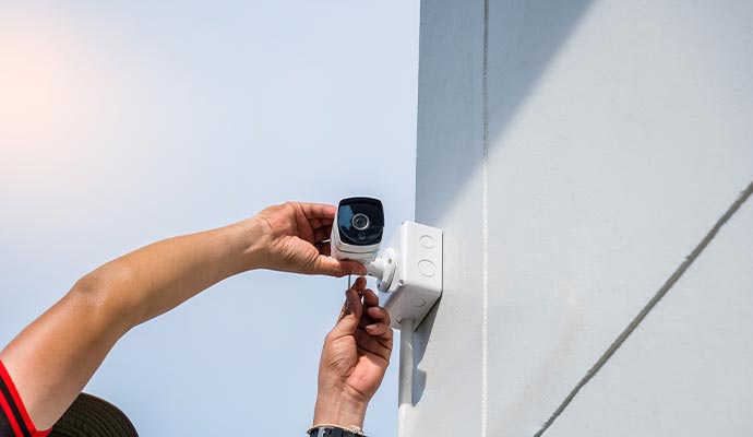Technician installing outdoor CCTV camera