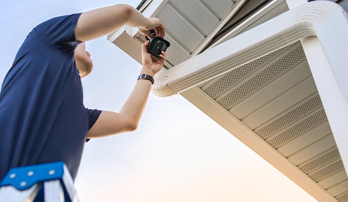 Technician installing outdoor security camera