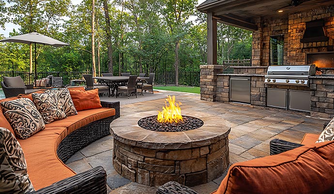 outdoor patio area with a circular stone fire pit