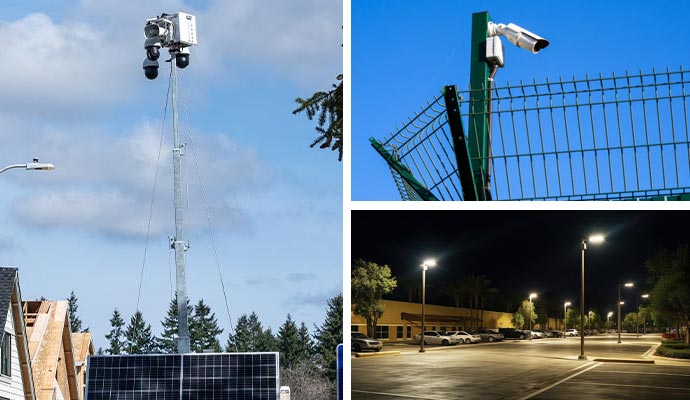 Collage of portable surveillance cameras, perimeter security monitoring and illuminated commercial parking lot
