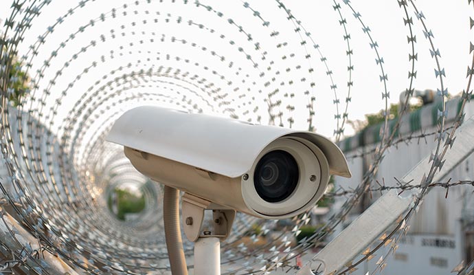 Installed perimeter surveillance camera.