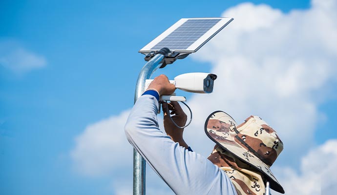 Person installing a solar powered security camera