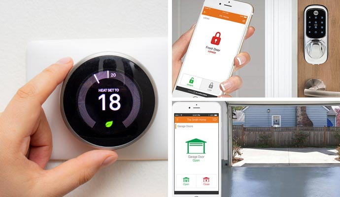 Collage of smart thermostat mobile door lock control and garage door automation technology