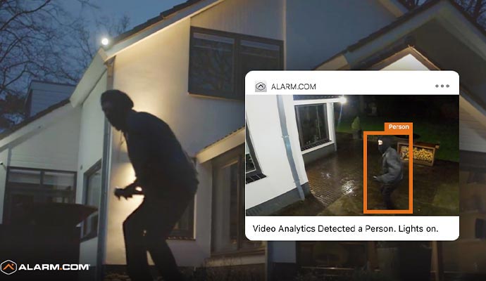 Home security video analytics detecting suspicious person outside residential property